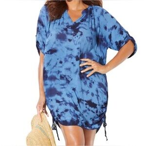 Swimsuits For All Women’s Size 10/12 Cover Up Pullover Blue Tie Dye Ruched sides